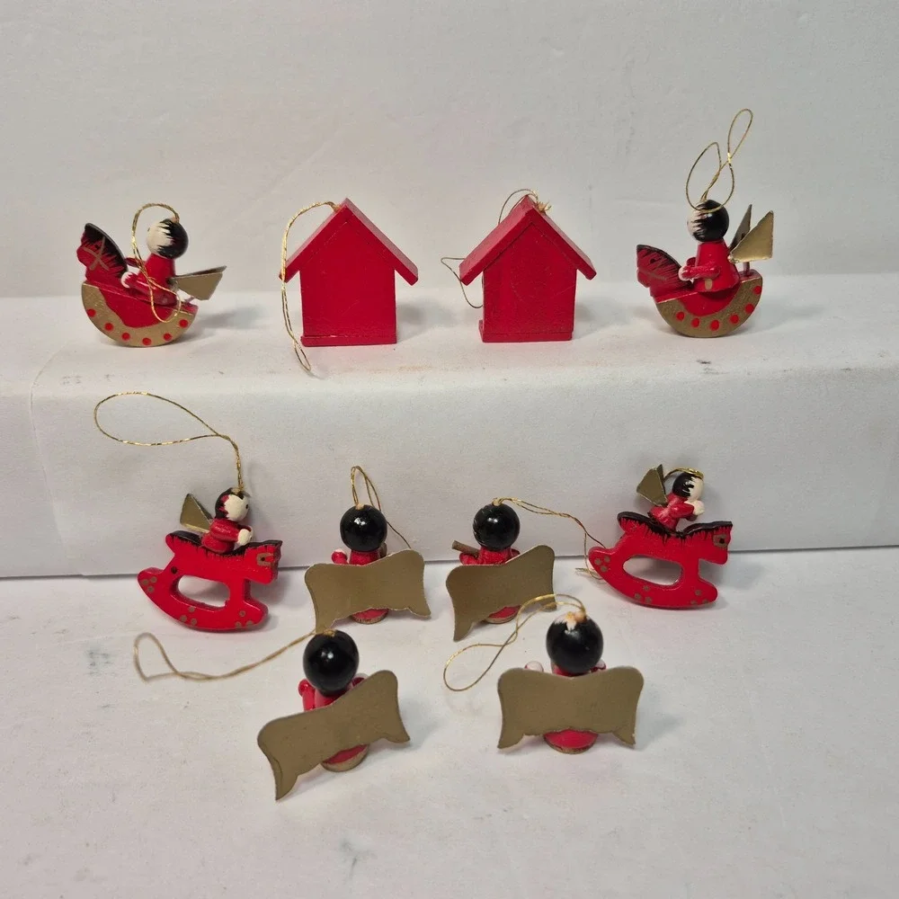 Vintage Miniature Angel Ornaments Lot Of 10 Mini Wooden Red Gold Christmas